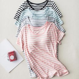 Women's Sleepwear Built In Bra Sleep Shirts Women Loose Fit Short Sleeve Striped Modal Wear Summer Padded Breathable Lounge LingerieWomen's