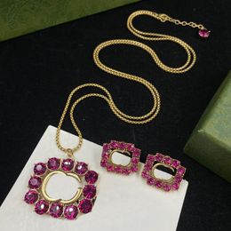 Shiny Diamond Long Necklaces Red Crystal Earrings Jewelry Sets Rhinestone Designer Pendant Necklace With Box