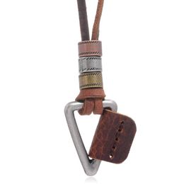 Pendant Necklaces Punk Alloy Triangle Necklace Men Brown Genuine Leather Jewellery Manmade Ethnic Charm Accessories