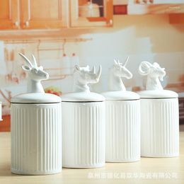 Storage Bottles White Ceramic Container Sheep Rhinoceros Animal Head Sealed Candy Tea Kitchen Containers Home Decor