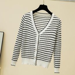 Women's Knits Tricot Striped V-Neck Women Sweater Spring Autumn Slim Thin Coat Long Sleeve Open Stitch Mujer White Knitted Pull Femme