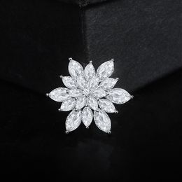 Luxury Silver Colour Flower Brooches for Women Crystal Snow Brooch Pin Coat Suit Clothing Accessories Jewellery Gift