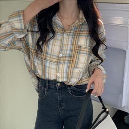 Women's Blouses Cotton Plaid For Women 2023 In Long Sleeve Fashion Shirts Loose Korean Tum-down Collar Top Pockets Casual Clothing