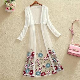 Women's Blouses & Shirts 2023 Embroidery Blouse Mesh Top Plus Size Long Cardigan Women Kimono White Shirt Transparent Boho Sleeve