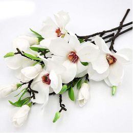 Decorative Flowers Artificial Magnolia Fake Real Touch Bouquet For Floral Arrangements Silk Long Stem With Green Leave