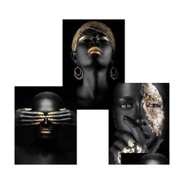 Paintings 1Pc African Black Gold Modern Woman Wall Art Portrait Scandinavian Canvas Print Oil Painting Poster Picture Home Office De Dhp1L