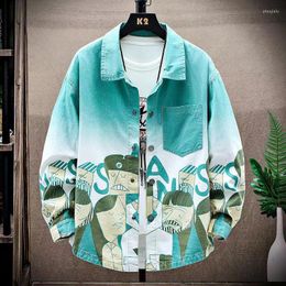 Men's Casual Shirts Teenage Denim Long Sleeves Spring Trend Gradient Printed Work Loose Japanese Jackets