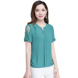 Women's Blouses & Shirts Women Spring Summer Style Chiffon Lady Casual Short Lace Sleeve O-Neck Blusas Tops K62