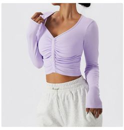 Active Shirts Sexy V-Neck Long Sleeve Women Slim Fit Tights Yoga Crop Tops Breathable Fitness Sports T-Shirt With Thumb Hole Activewear