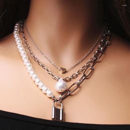 Pendant Necklaces Chain Pearl Necklace Women Baroque Lock Heart Charm Pendants Multilayer Jewelry Gift
