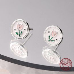 Stud Earrings 925 Sterling Silver For Girl Women Tulip Flower Round Disc Enamel Hypoallergenic Piercing Ear Studs Fine Jewellery