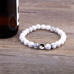 Strand Fashion Men Women Taiji Yin Yang Charm Bracelet Natural White Turquoise Black Beaded Couple Bracelets Distance Jewelry