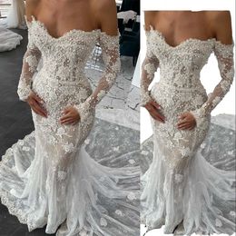 2023 Sexy Mermaid Wedding Dresses Sweetheart Off Shoulder Lace Appliques Pearls Long Sleeves Illusion Sheer Vestidos De Novia Bridal Gowns Africa Robes Mariee