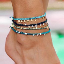 Anklets Fashion Romantic Wax Anklet Hand-Woven Copper Round Plate Pendant Simple Beach Ornament