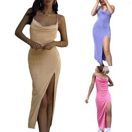 Casual Dresses Female Slip Dress Summer Solid Colour Sleeveless Spaghetti Strap Package Hip Piece Pink/Purple/Champagne S/M/L