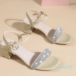 Shoes Style Square Head Thick Heel Sandals Mid Heel Buckle Rhinestone Women's Flat Belt Sandals