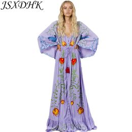 Casual Dresses JSXDHK Bohemia Runway Maxi Dress 2023 Luxury Autumn Women Cotton Embroidery Floral Batwing Sleeve Deep V Neck Long Beach