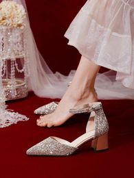 Sandals Crystal Bride Wedding Shoes Thick Heels Feet 2023 Daily Wear One Line Belt Middle Heel Women Summer