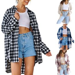 Women's Blouses Women T-shirts Fall Winter 2023 Top Clothes Y2k Vintage Korean Style Aesthetic Office Ladies Plaid Long Sleeve Streetwear