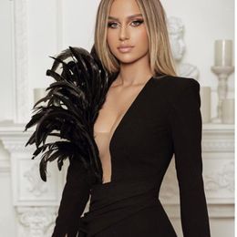 Casual Dresses Sexy Feather Bandage Dress Deep V-Neck Elegant Black Long Sleeve Bodycon Mini Autumn Women's Club Party Outfits
