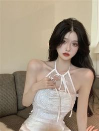 Camisoles & Tanks Hanging Neck Lace Splicing Sweetheart Short Vest With Beautiful Back 2023 Korean Fashion Top For Women