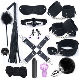Bondage Erotic Sex Toys For Women Adults Games Nylon BDSM Kits Handcuffs Whip Mouth Gag Rabbit Tail Anal Plug 230113