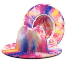 Wide Brim Hats 2023 Retro British Elegant And Charming Jazz Men's Women's Double-Sided Tie-dye Trilby Hat Classic Felt Winter Ladies