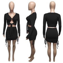 Designer New 2023 Designer Dress Sets Women Spring Autumn Long Sleeve V neck Bandage Cut Out Top and Bodycon Skirt Two Piece Sets Casual Matching Tracksuits 8363