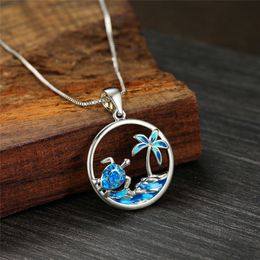 Bohemian Blue Opal Pendant For Women Fashion Silver Color Chain Necklace For Women Beach Hollow Turtle Pendant Wedding Necklace