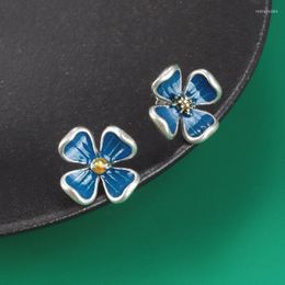 Stud Earrings 925 Sterling Silver Enamel Small For Women Girls Retro Ethnic Blue Flower Jewellery Wholesale EH146