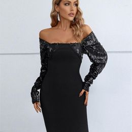 Casual Dresses 2023 Fashion High Quality Black Long Sleeve Stranded Sequins Bodycon Bandage Mini Dress Celebrity Club Party Vestidos