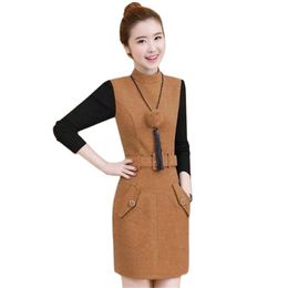 Casual Dresses Deliver Belt Necklace Autumn Winter Woollen Splicing Knitted Sleeves All-Match Receive Body Show Thin Mid-Long Base Dress Fema