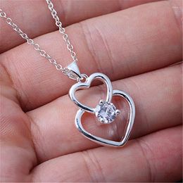 Pendant Necklaces 925 Sterling Silver Plated Double Coppr Heart Necklace 45cm Charm Little Girl Women Gift Fine Jewelry 13 28MM