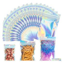 Packing Bags 100 Pcs Resealable Smell Proof Foil Pouch Bag Flat Laser Colour Packaging For Party Favour Food Storage Holographic Drop Dhh6S