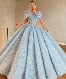 Blue Ball Gown Evening Dresses Sleeveless V Neck Feather Beaded Lace Appliques Sequins Diamonds Pearls Floor Length Celebrity Formal Prom Dresses Gowns Party Dress