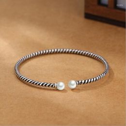 Bangle 2023 Vintage Silver Colour Twisted Rope Natural Double Beads Open Bracelets For Woman Jewellery Party Birthday Gifts SB081