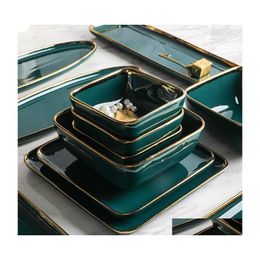 Dishes Plates Tableware Green Ceramic Dinner Set Gold Inlay Porcelain Dessert Plate Steak Snack Cake Salad Soup Rice Bowl Wholesal Dhyb0