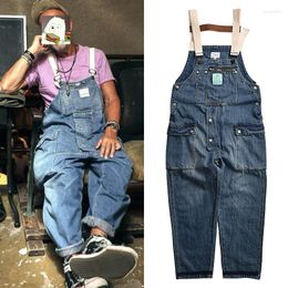 Men's Pants Washed And Made Old Blue Denim Suspenders Men's Trendy Brand Cargo Multi Pocket Workers Jumpsuit