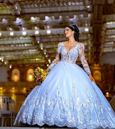 African Ball Gown Wedding Gowns A Line Jewel Neck Illusion Arabia Lace Appliques Crystal Beads Long Sleeves Plus Size Tulle Bridal Party Dresses Robe De