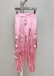 Women's Pants The Spring/summer 2023 Show Pink Silk Satin Pocket Bind More Overalls 0607