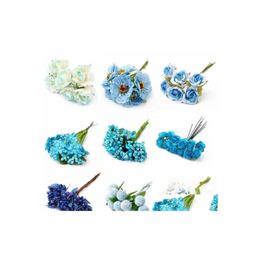 Decorative Flowers Wreaths 6/10/12/50/60/70/90/144Pcs Mix Blue Flower Cherry Stamen Berries Bundle Diy Christmas Wedding Cake Gift Dhnuv