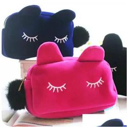 Cosmetic Bags Cute Portable Cartoon Cat Storage Case Travel Makeup Flannel Pouch Bag Korean And Japan Style Drop Delivery 20 Dhycb