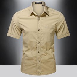 Men's Casual Shirts Military Shirt Men Summer Short Sleeve Army Cargo Breathable Solid Pocket Work Cotton Camisa MasculinaMen's