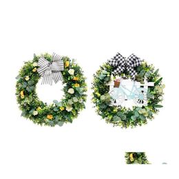 Decorative Flowers Wreaths Green Leaves Wreath Artificial Bike Ornament/Flowers With Plaid Bow For Front Door Decor Drop Delivery Dhm8R