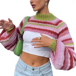 Women's Sweaters Women Knitted Shrug Sweater Casual Striped Loose Long Sleeves Half Turtleneck Pullover Crop Tops Streetwear