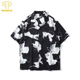 TAVARES Men's Gothic Tie Dye Casual Shirt - Black/White Short Sleeve for Summer Beach, Hawaii, and Oversized cow print cardigan for Women and Men