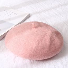 Wide Brim Hats Winter Wool Warm Hat French Style Beret Women Cap Vintage Ladies Painter Walking Plain Beanies Girl Pink