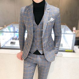 Mens Suits Blazers Men Dress Blazers Pants Vest 3 Piece Set Male Wedding Autumn Business Formal Plaid Suit Luxury Slim Fit Coat Trousers 230114