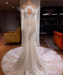 Wedding Dresses Mermaid Long Sleeves V Neck Halter 3D Lace Appliques Sequins Beaded Sexy Pearls Hollow Floor Length Plus Size Bridal Gowns Abiti Da Sposa