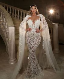 Luxury Mermaid Wedding Dresses Sleeveless V Neck 3D Lace Capes Beaded Pearls Sequins Appliques Formal Dresses Hollow Bridal Gowns Plus Size Vestido de novia Custom